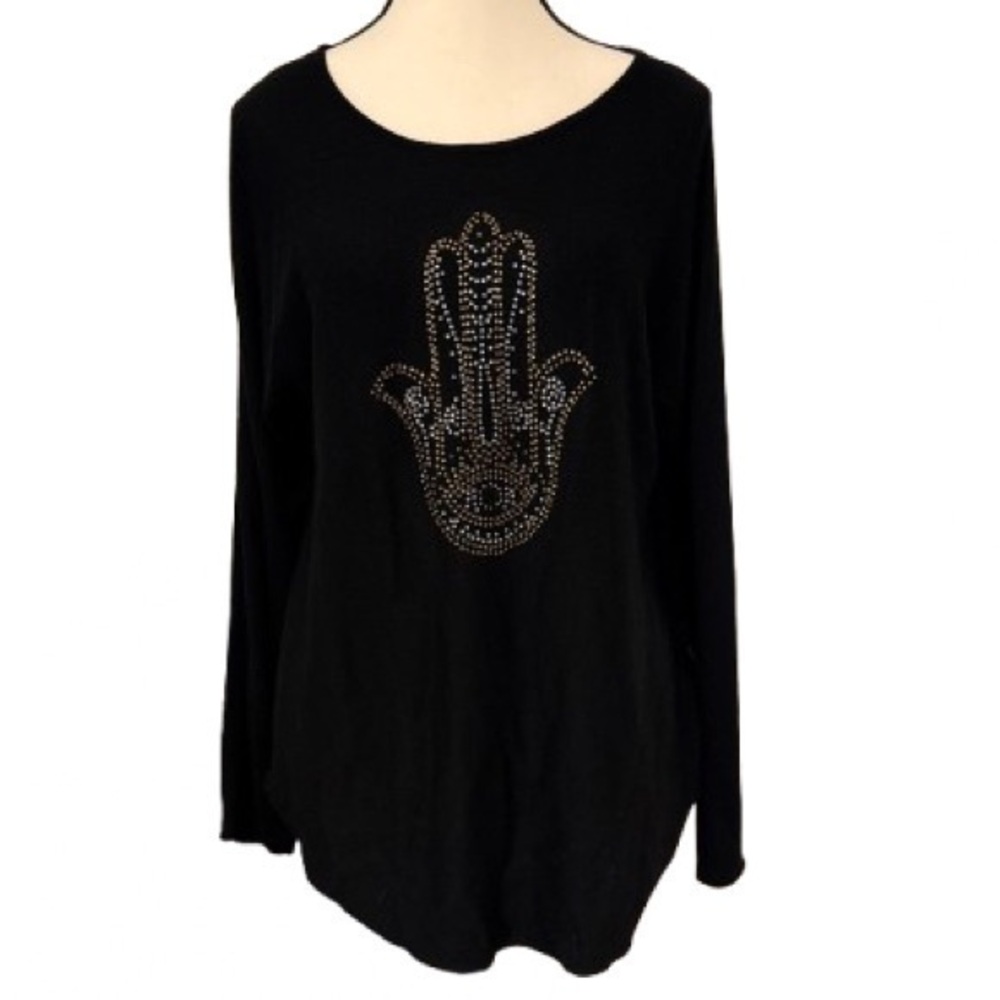 Rachel Zoe Black Long Sleeve knit Gold and silver Beaded Hamsa Embellishment